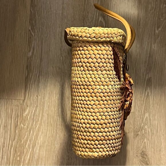 Straw Wicker 60s 70s Vintage Woven Large Dual Handle Yarn Floral Yarn Tote Bag - Picture 4 of 11